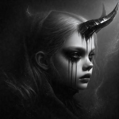 The primary subject of the image is a young girl with a horn on her head. She is wearing a black outfit and has a dark, moody expression. The setting is a dark, possibly black and white, background that contrasts with the girl's appearance. The visual style is a combination of photo and digital art, creating a unique and intriguing image. The colors and mood are predominantly dark, with the girl's outfit and the background contributing to the overall atmosphere.